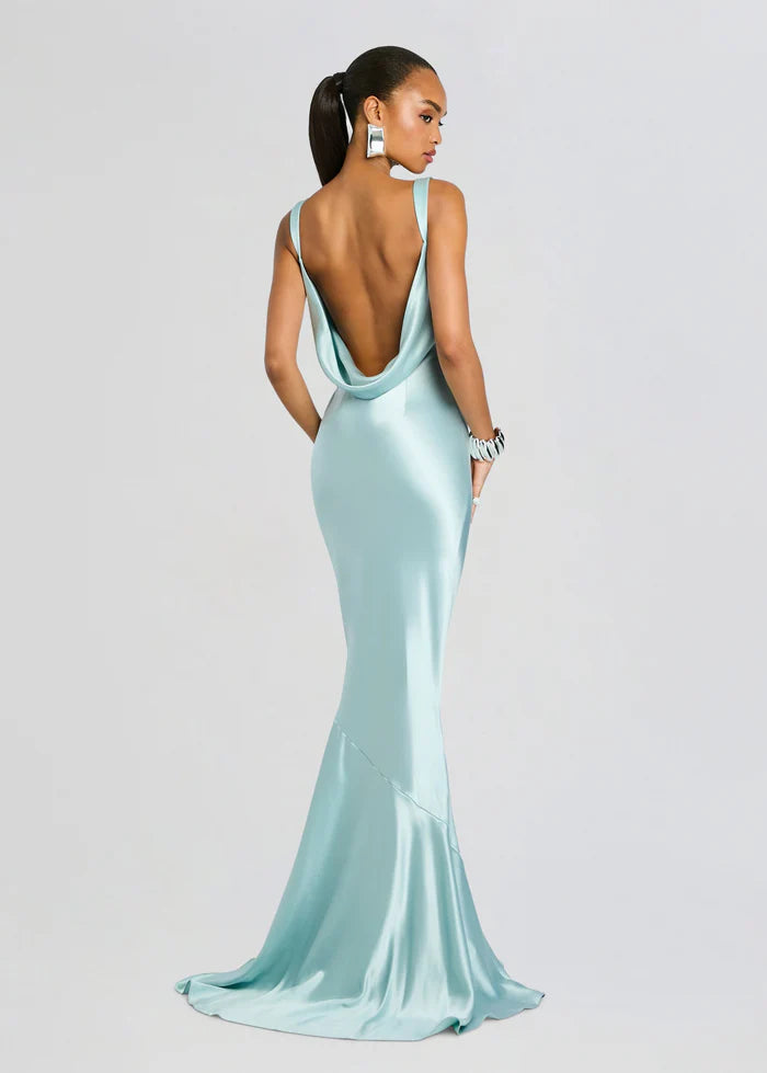 Elegant Ice Blue Satin Cowl Back Mermaid Train Floor-Length Evening Dress