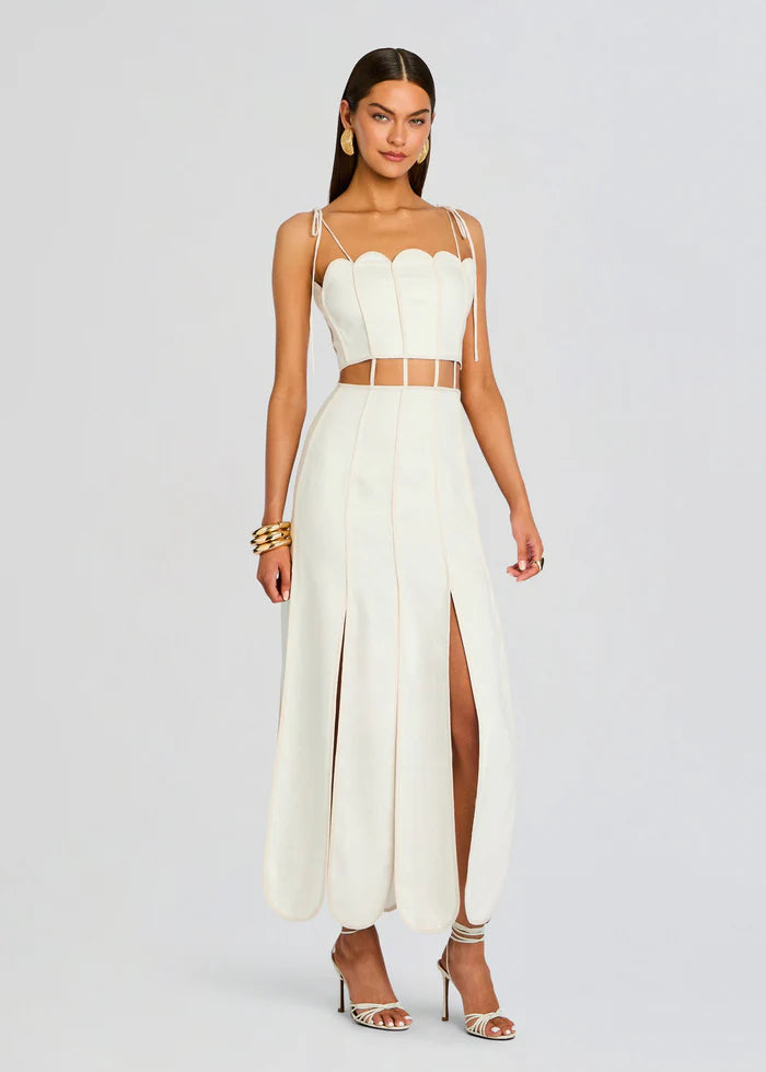 Elegant Ivory Scalloped Sweetheart Neck Cut-Out High Slit Midi Evening Dress
