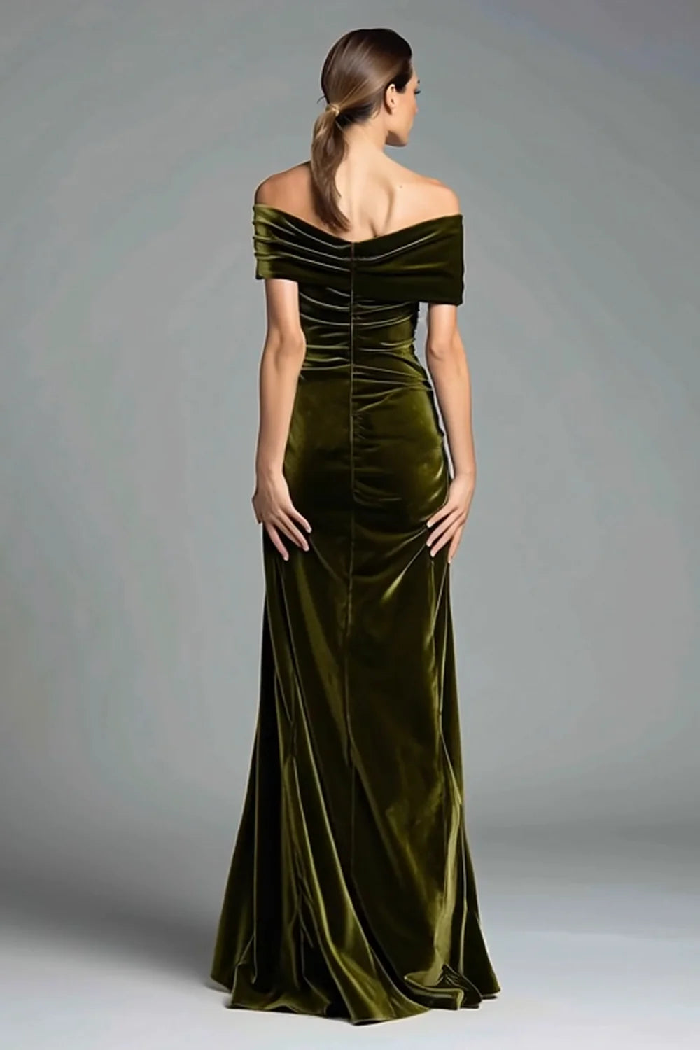 Elegant Olive Green Velvet Off-Shoulder Oversized Bow Ruched Mermaid Evening Dress