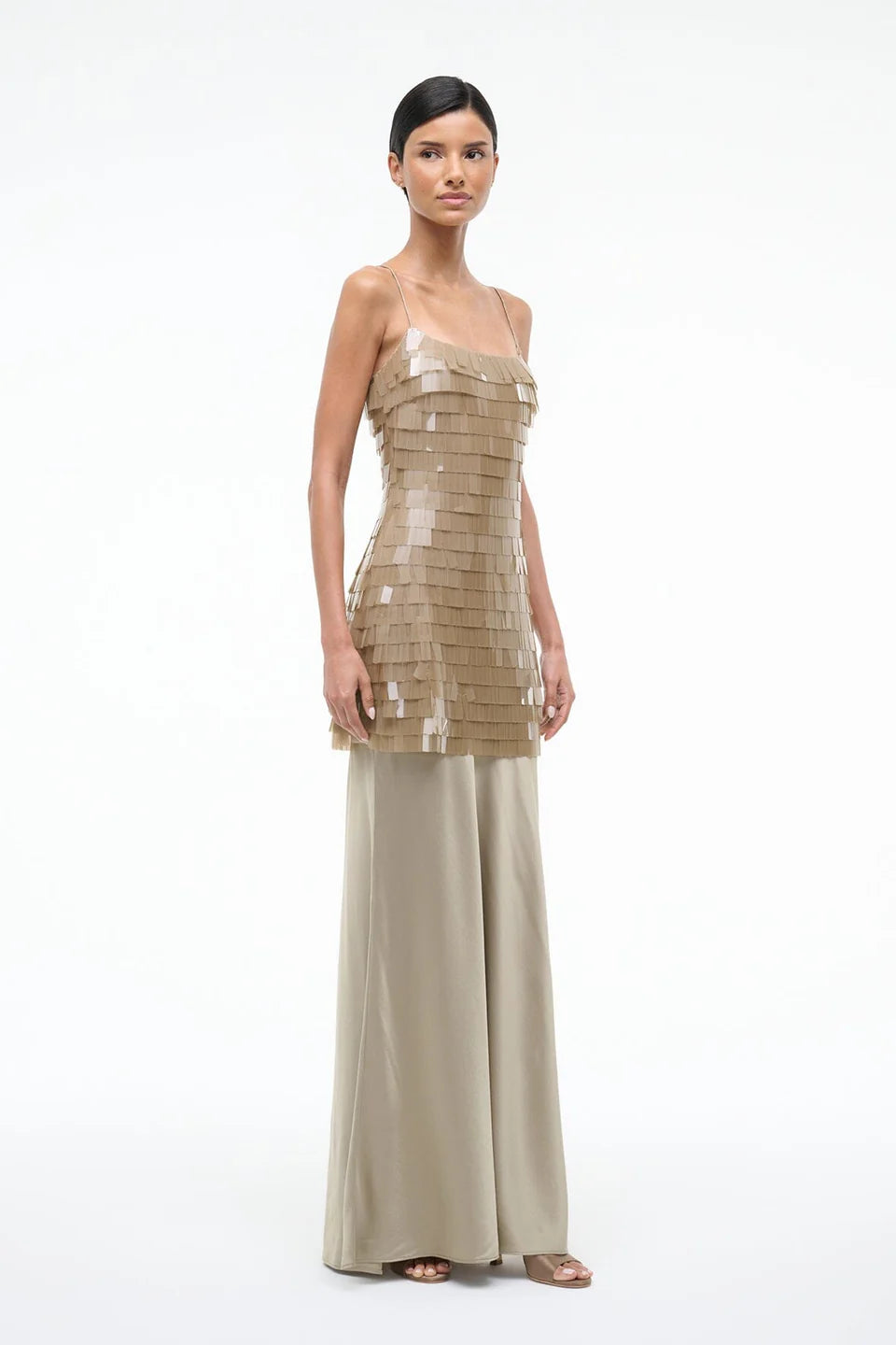 Elegant Taupe Tiered Fringe Maxi Dress with Satin Skirt, Evening Dresses