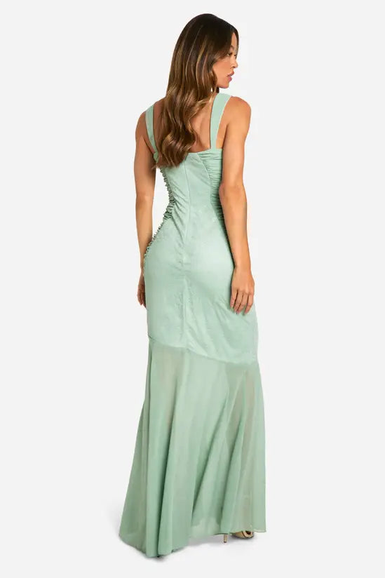 Ethereal Sage Green Ruched Maxi Dress with Sweetheart Neckline, Evening Dresses