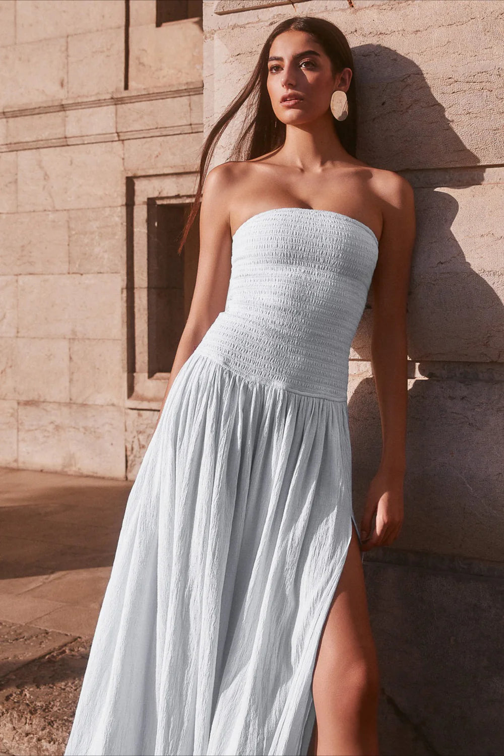 Ethereal Sky Blue Strapless Smocked Gown with Double High Slits: Evening Dresses