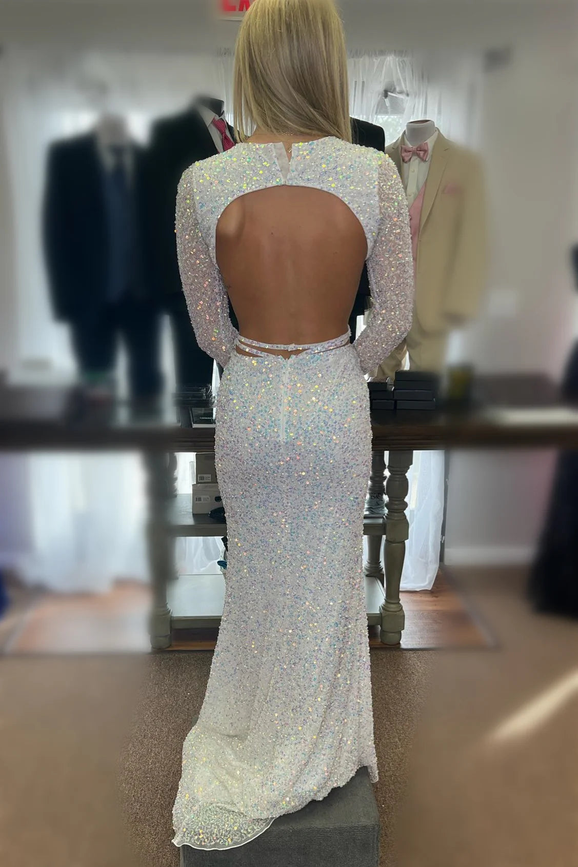 Sheath Sequins Mermaid Sweep/Brush Train Dresses Long Sleeves Cut-Out Long Prom Dress