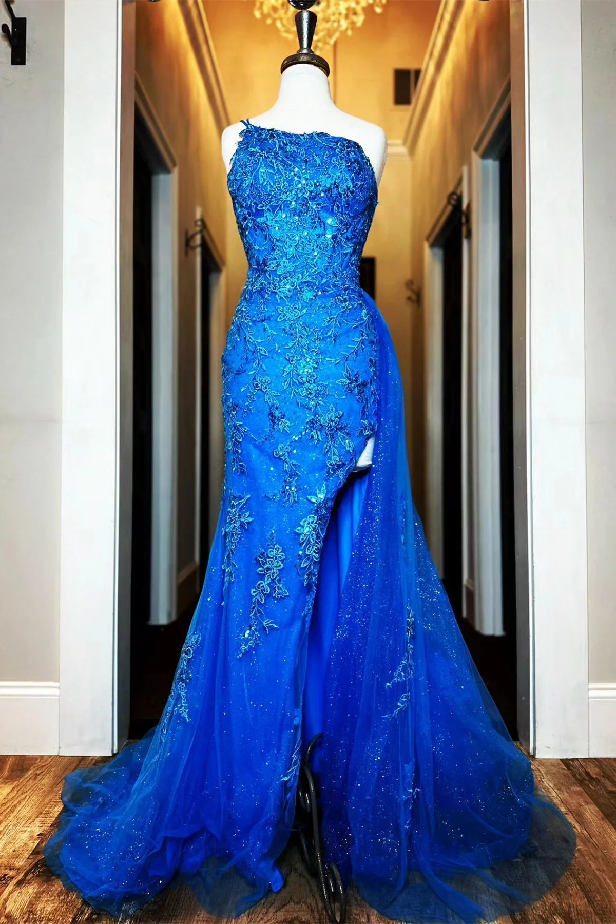 Sheath Mermaid One Shoulder Sweep/Brush Train Dresses Beaded Appliques Long Prom Dress
