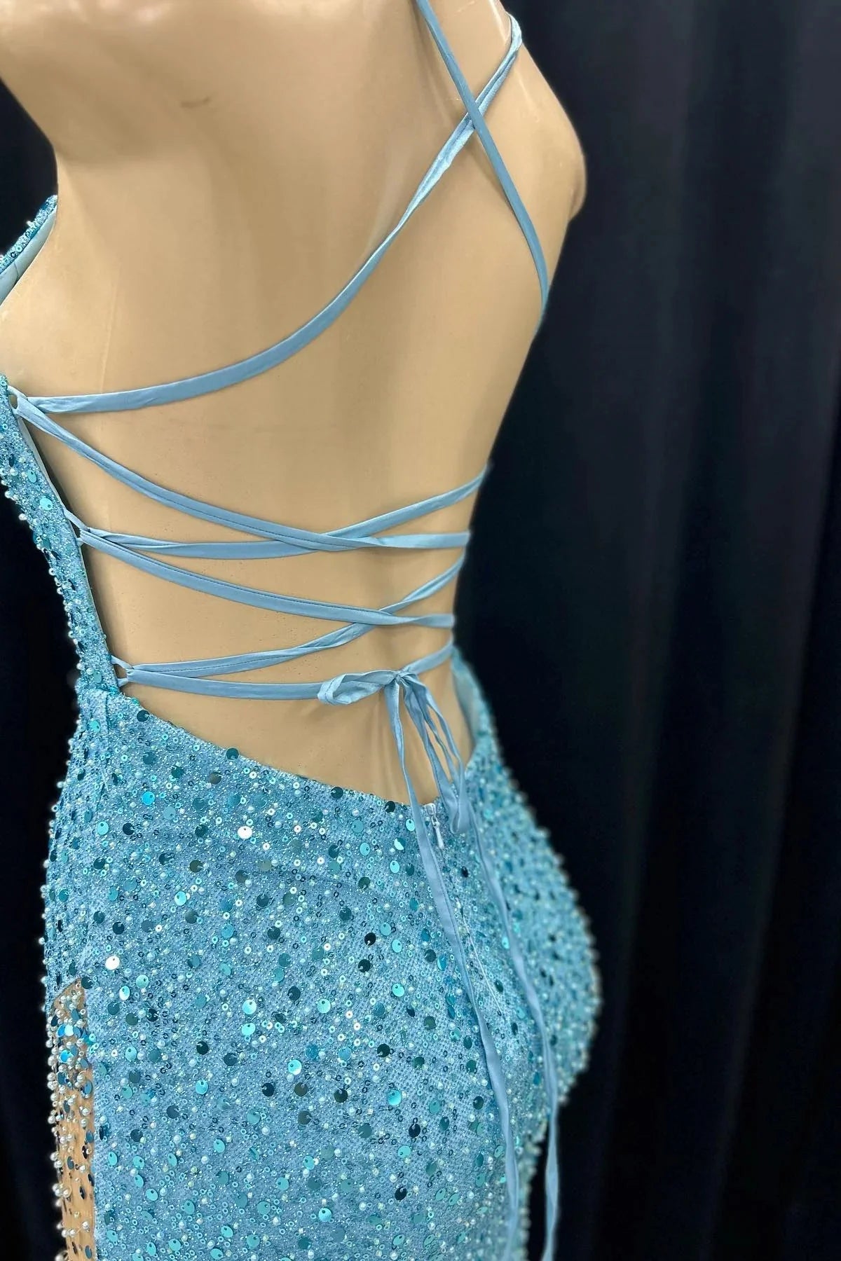 Sheath Mermaid Sequins Deep V Neck Floor Length Lace-Up Long Prom Dress with Slit