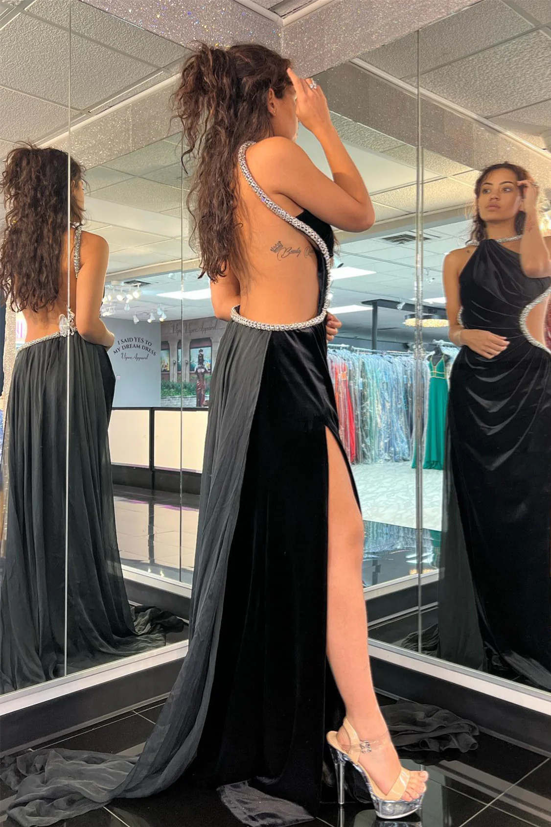 Sweep/Brush Train Dresses Halter Beaded Pleated Open Back Satin Long Prom Dress with Slit