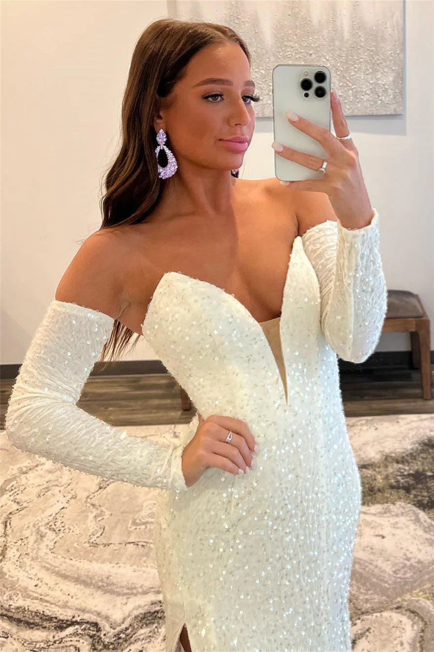 Sweep/Brush Train Dresses Sequins Deep V-Neck Sleeves Long Prom Dress with Slit