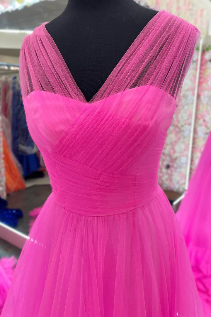 Sweep/Brush Train Dresses Tiered V-Neck Hot Pink Layered Tulle Formal Dress