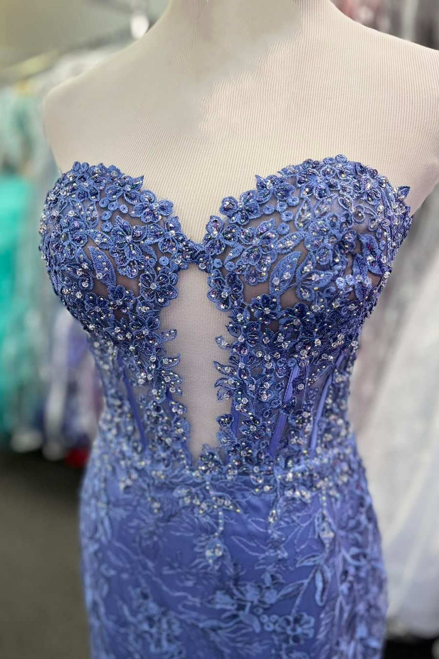 Sheath Mermaid Sweetheart Brush Train Dresses Periwinkle Keyhole Prom Dress with Appliques