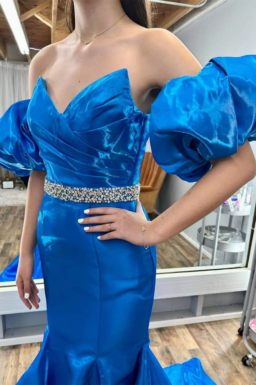 A-Line Mermaid V-Neck Strapless Sweep/Brush Train Evening Dresses Long Prom Dress With with Jeweled Belt