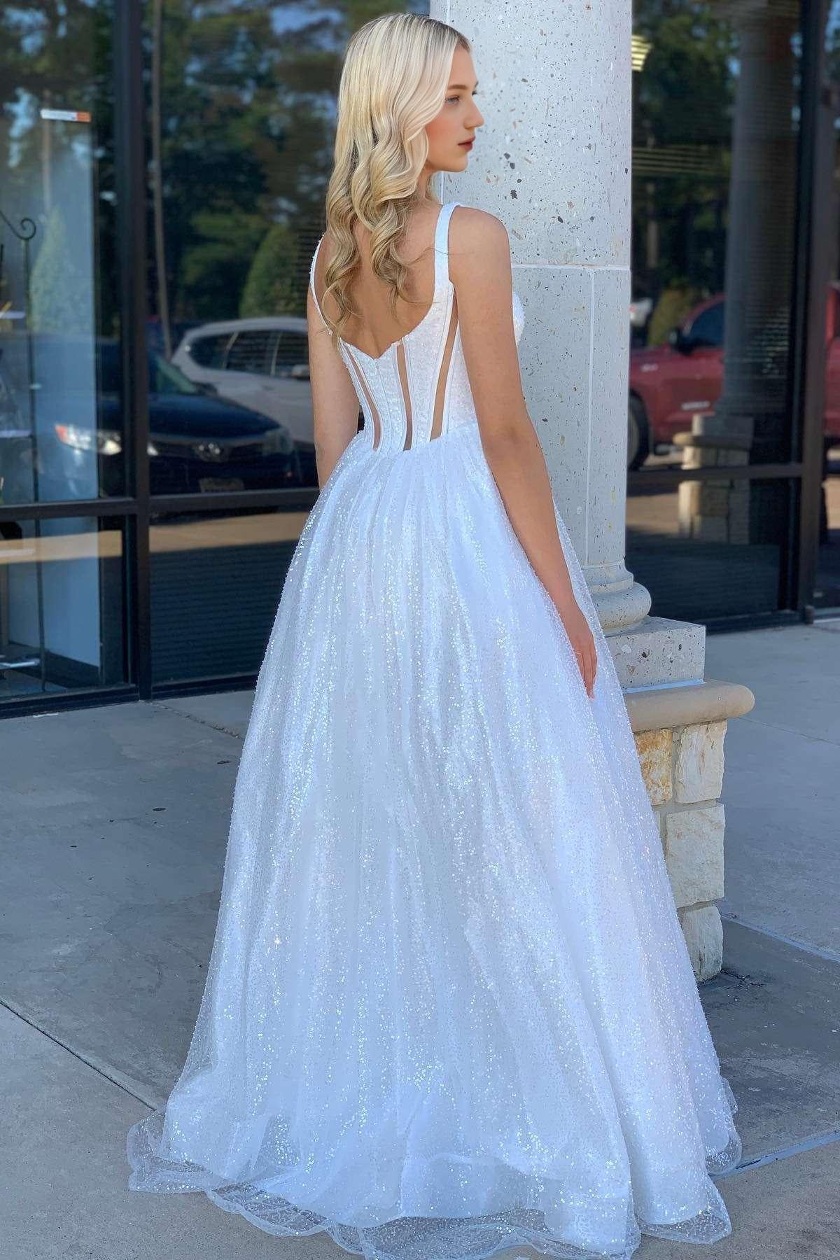 A-Line Sleek Glitter Sparking Square Neck White Sequin Prom Dress