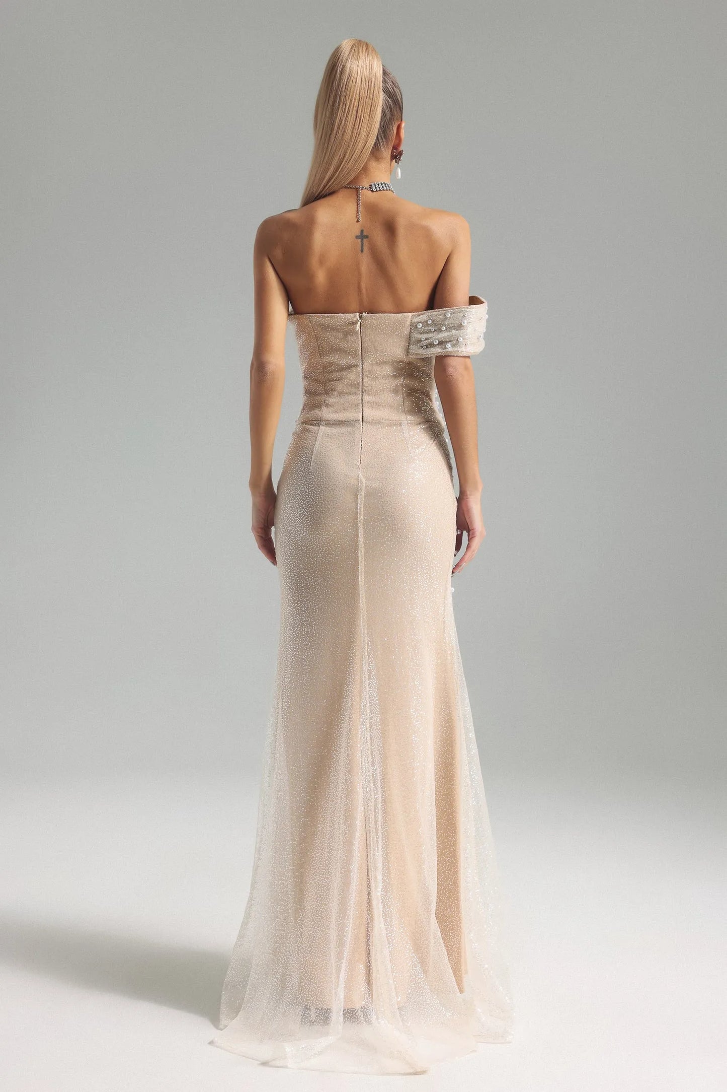 Glamorous Champagne Strapless with Pearl & Crystal Embellished Bodice and Sparkle Tulle Mermaid Evening Dress