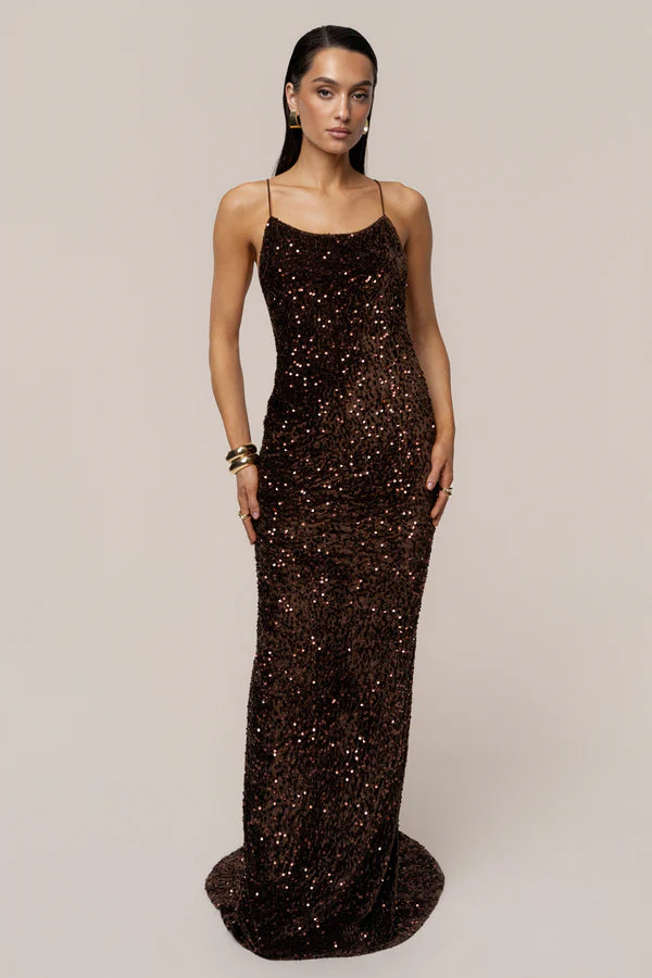 Glamorous Chocolate Brown Sequin Spaghetti Strap Mermaid Gown, Evening Dresses