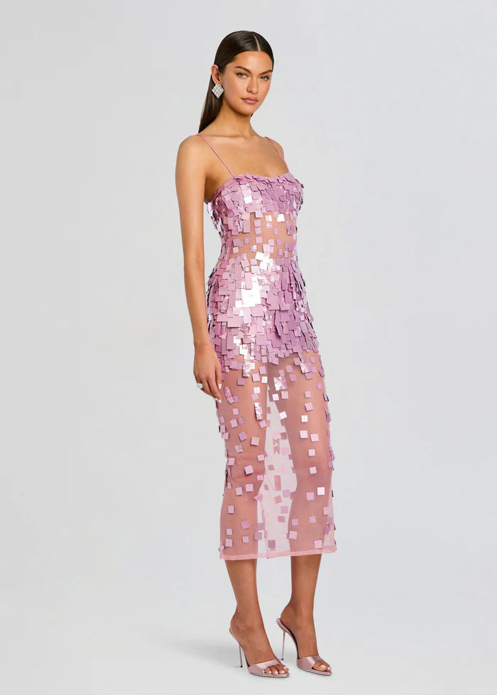 Glamorous Dusty Pink Square Sequin Spaghetti Strap Sheer Mesh Midi Evening Dress