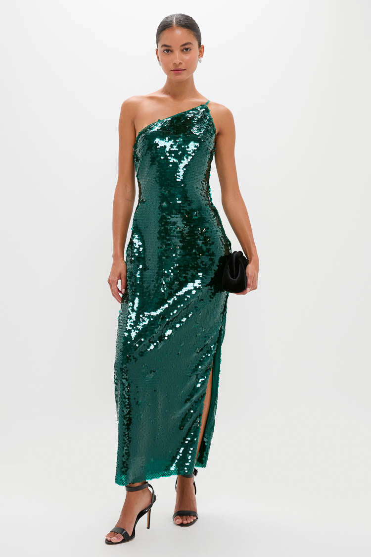 Glamorous Emerald Green Sequin One-Shoulder Maxi Dress with Side Slit, Evening Dresses