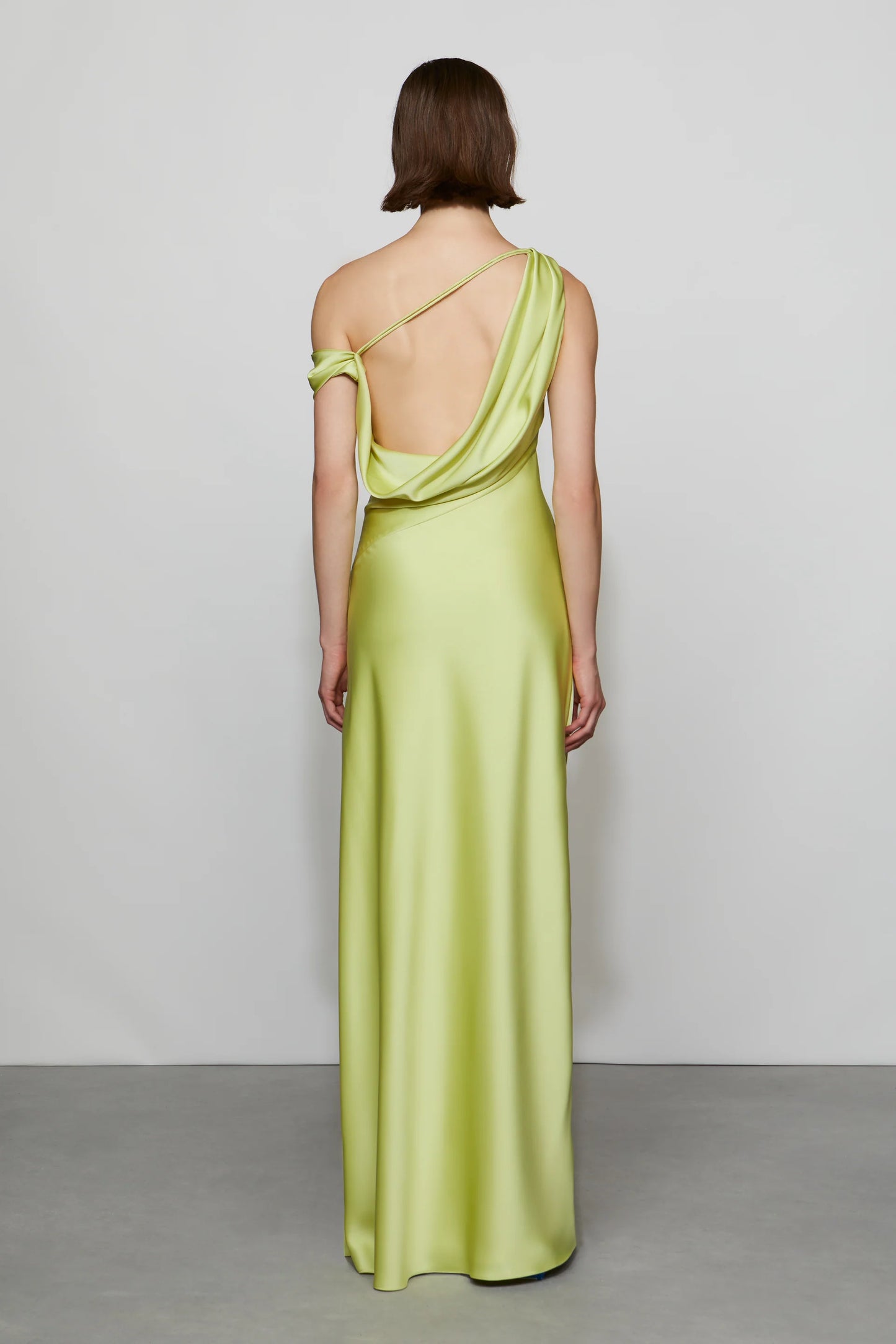 Glamorous Lime Green Satin Asymmetrical One-Shoulder Draped Ruched Detail Floor-Length Evening Dress