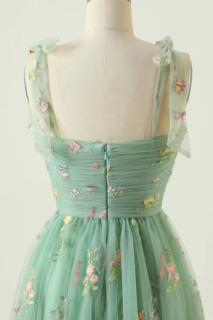 Floral Embroidery Tying Straps Pleated Long Party Dress
