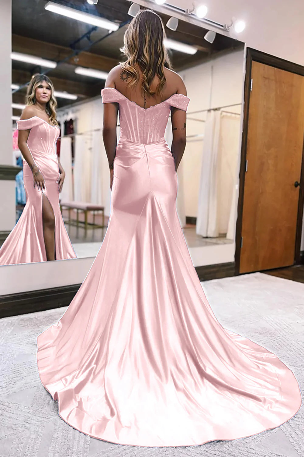 Candy Pink Mermaid Off The Shoulder Court Train Lace-Up Back Long Dress With Split