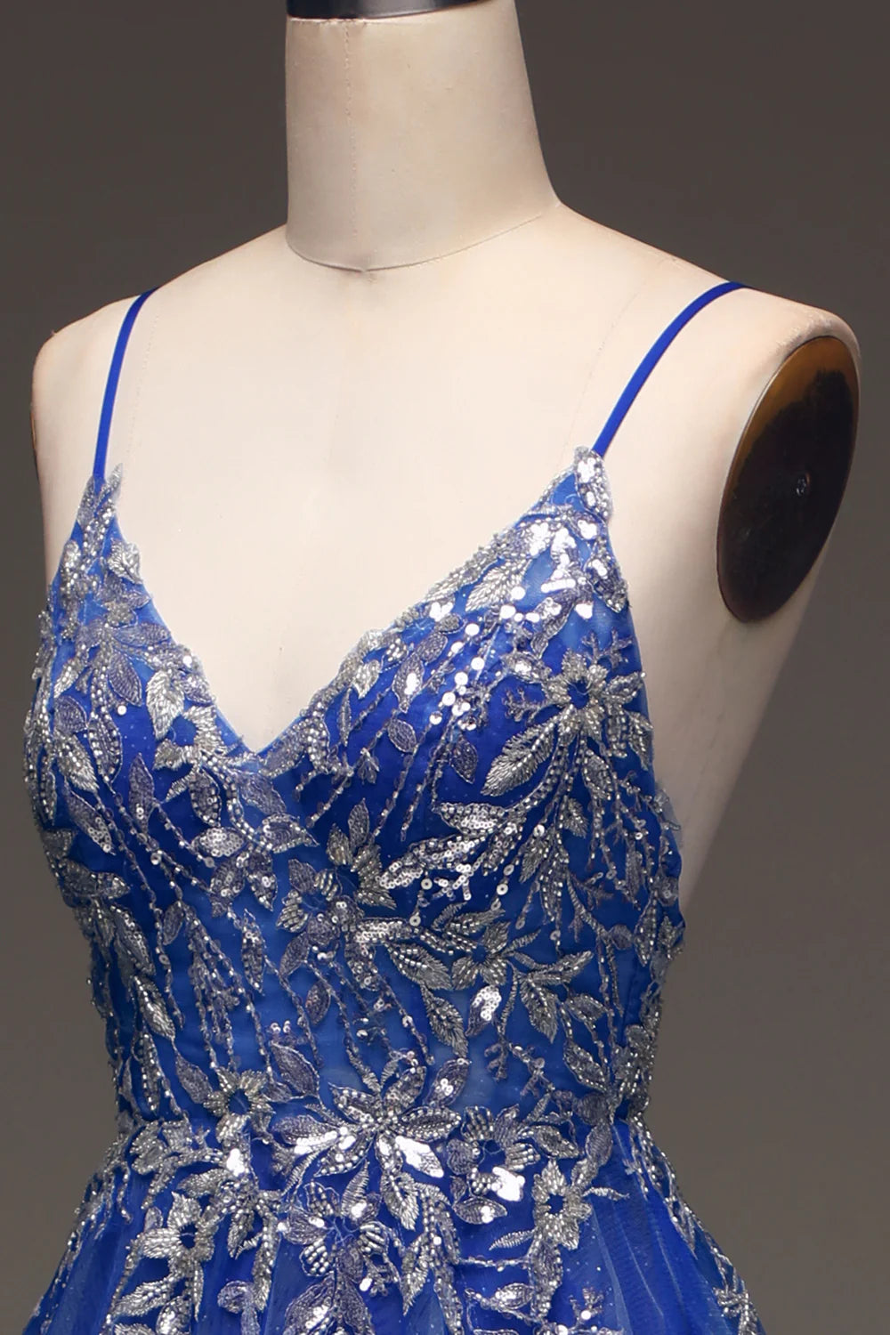 A-Line Spaghetti Straps V Neck Sequins Royal Blue Prom Dress with Appliques