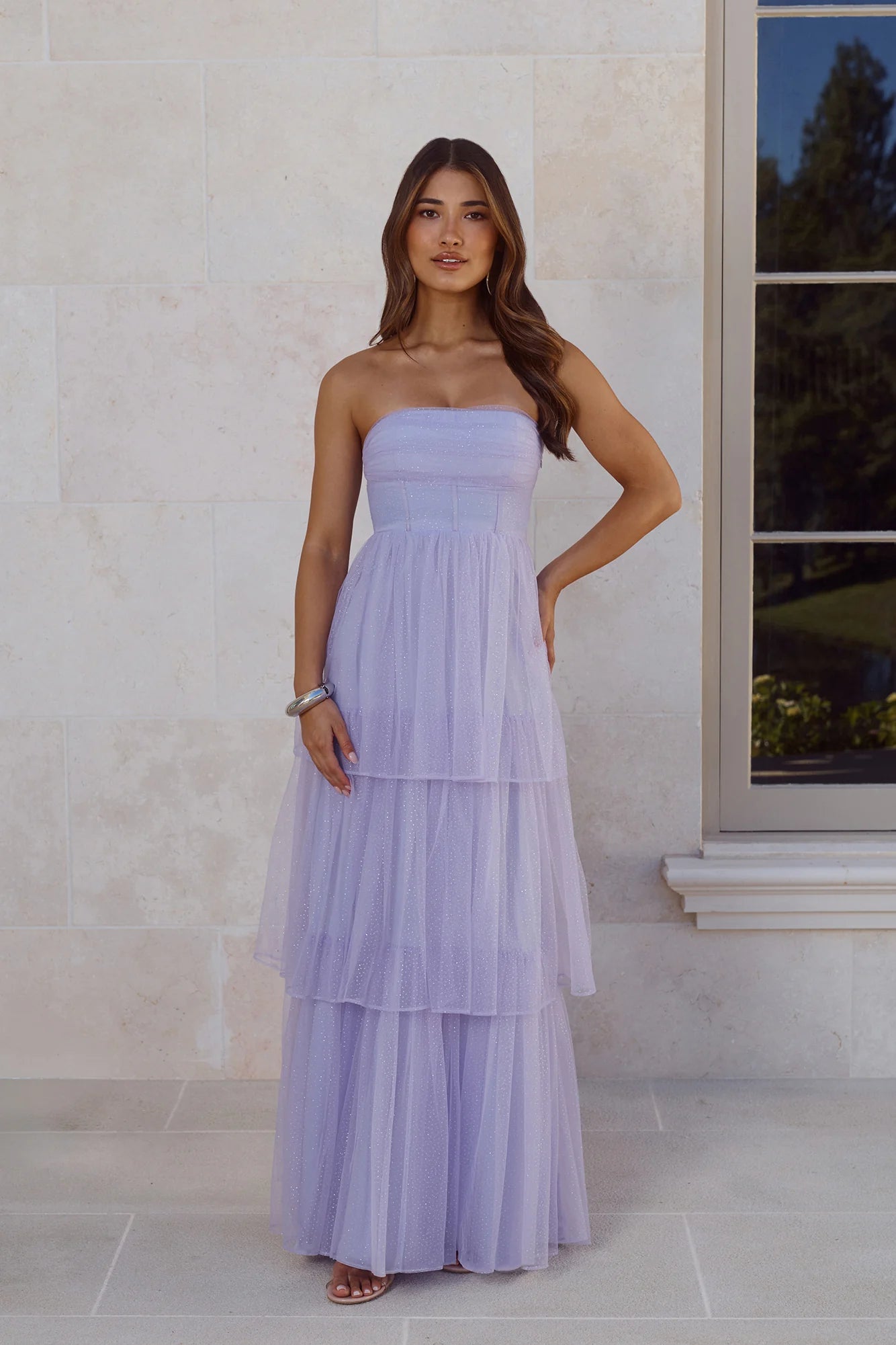 Lavender Glitter Tulle Prom Dresses with Strapless Corset Bodice and Tiered Ruffle Skirt