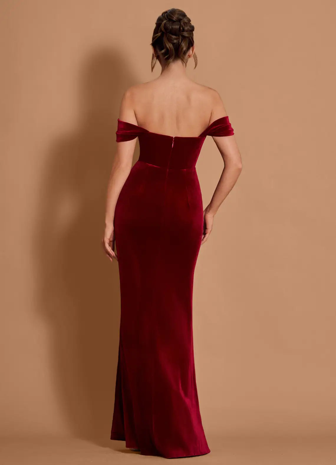 Luxurious Burgundy Velvet Off-Shoulder Gown with High Slit: Evening Dresses