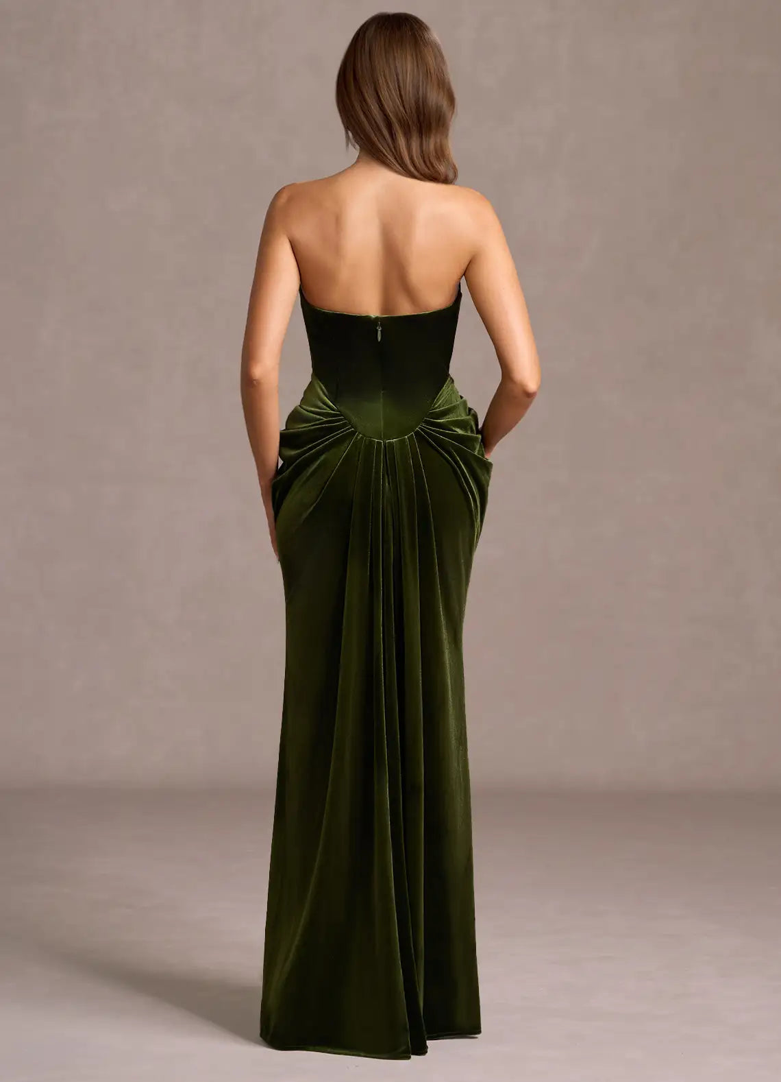 Luxurious Olive Green Velvet Strapless Gown with Draped Waist: Evening Dresses