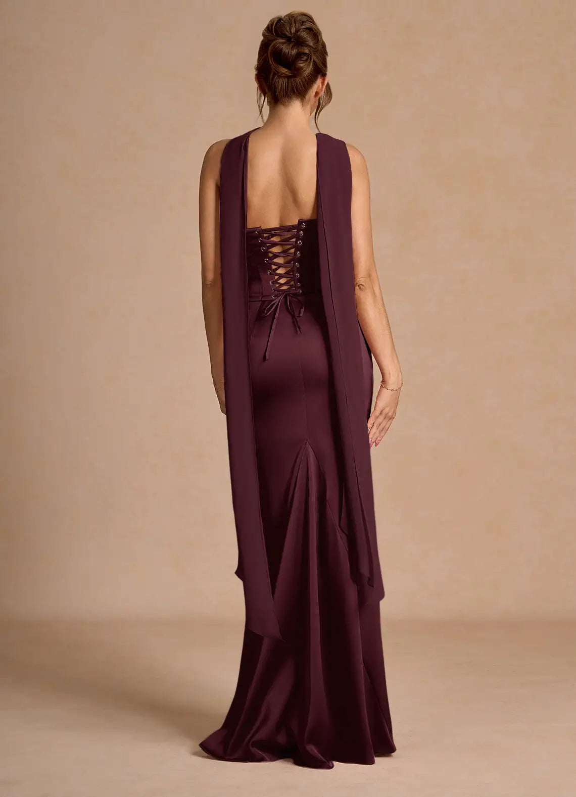Luxurious Plum Strapless Gown with Detachable Cape and Lace-Up Back: Evening Dresses