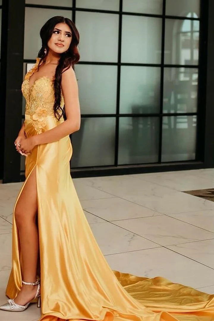 One-Shoulder 3D Floral Lace Pleated Long Gown with Slit