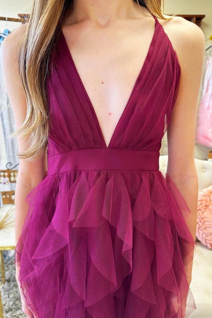 Cross-Back Plunge V Ruffle Maxi Dress