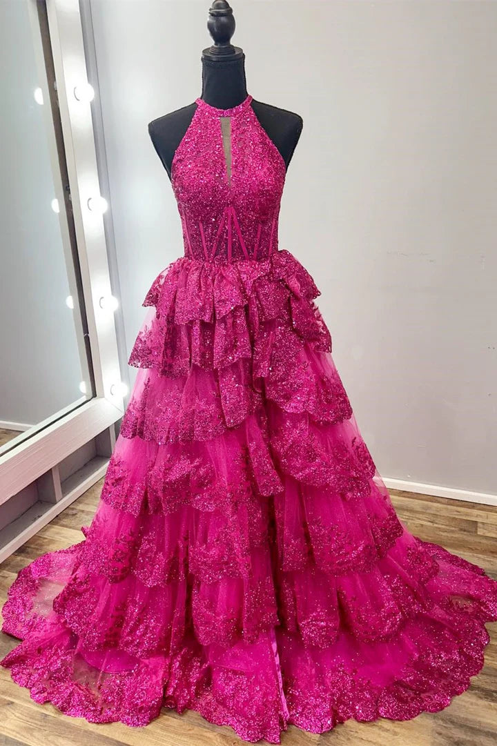 Halter Keyhole Glitter Appliques Ruffle Tiered Prom Gown