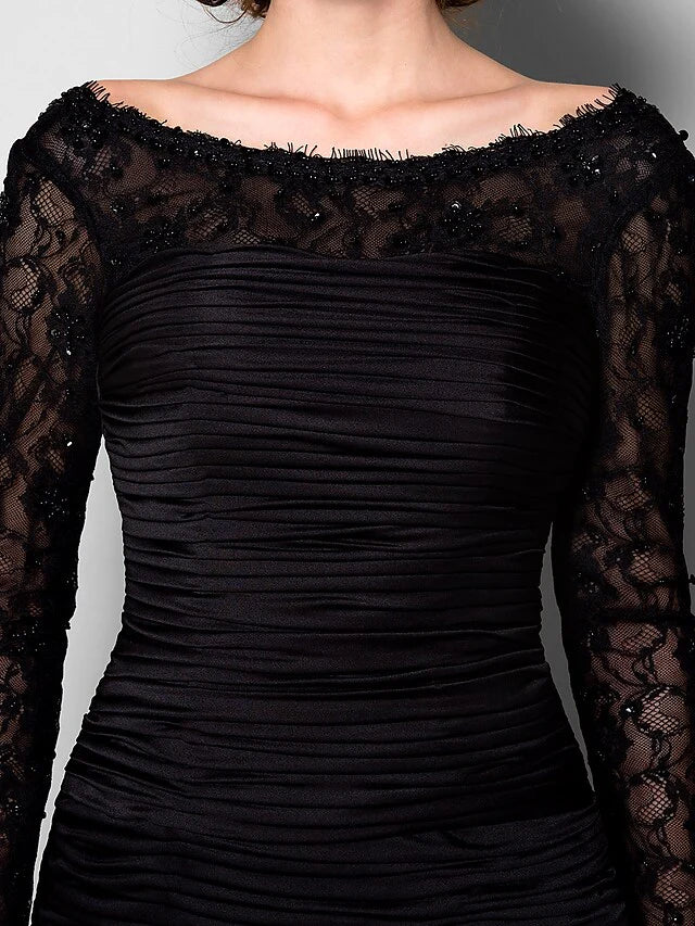 Mother of the Bride Dress Beautiful Back Jewel Neck Lace Jersey Long Sleeve with Lace Ruched Beading