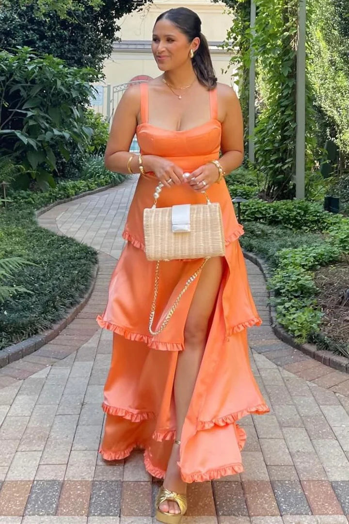 Scoop Neck Lace-Up Ruffle Tiered Maxi Dress with Slit