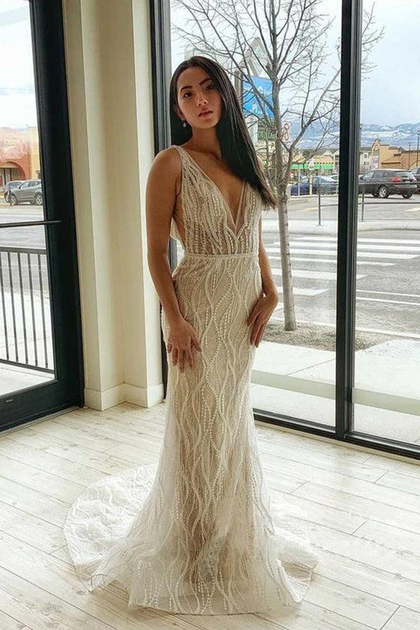 Mermaid V Neck Lace Wedding Dresses Backless Bridal Gown