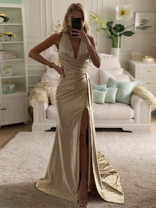 My Hers Ladies Formal Dress Mermaid Sheath Halter Pleated Side Fork Sweep Train Charming Prom Dress