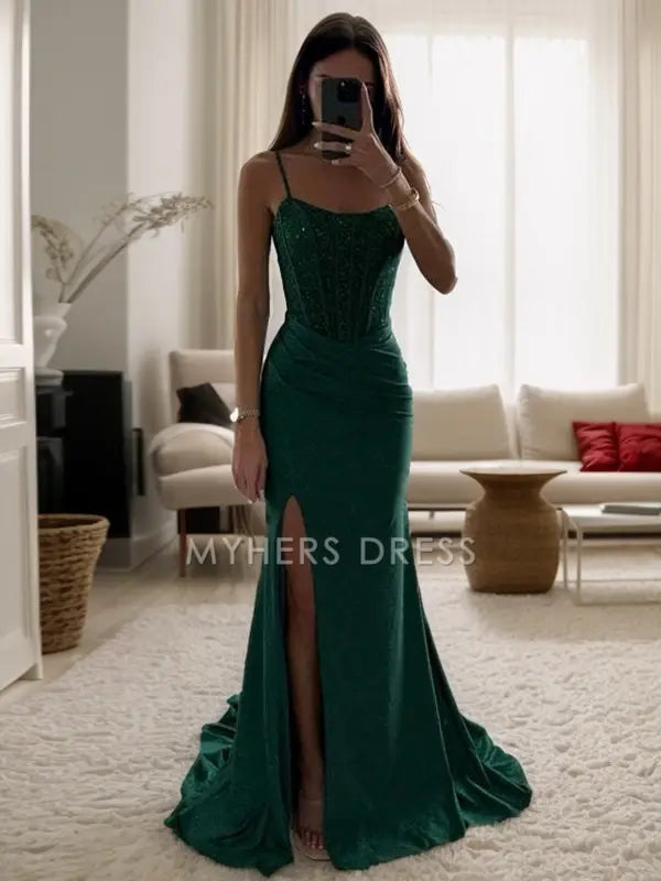 My Hers Ladies Formal Dress Sheath Spaghetti Straps Pleated Side Fork Sweep Train Charming Prom Dress