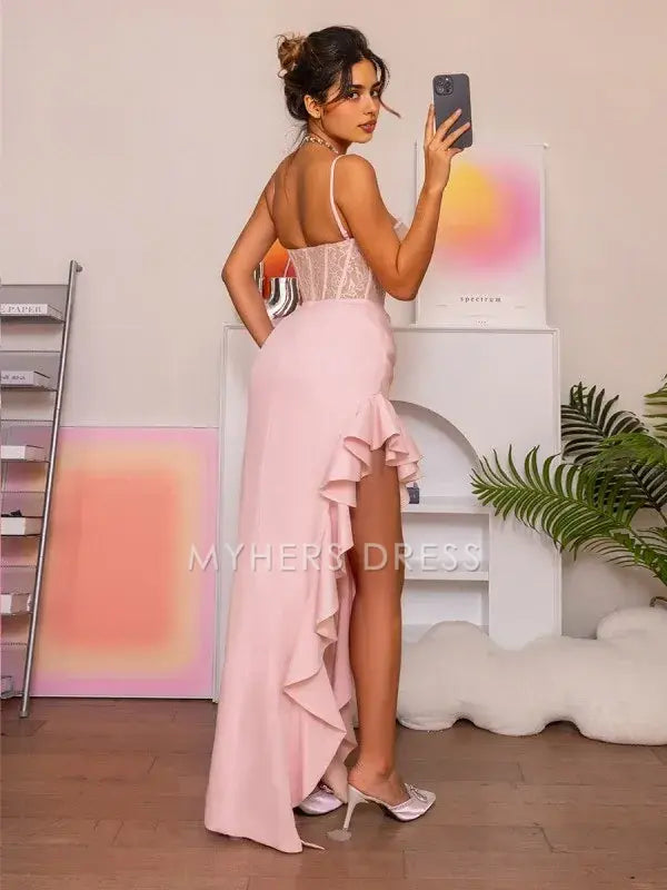 My Hers Ladies Formal Dress Exquisite Sheath Spaghetti Straps Appliques Lace Ruched Backless Floor-Length Fashion Prom Dress