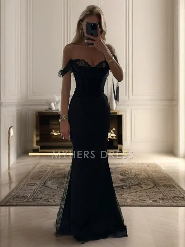 My Hers Ladies Formal Dress Mermaid Sheath Off-the-Shoulder Sweetheart Pleated Floor-Length Fashion Prom Dress