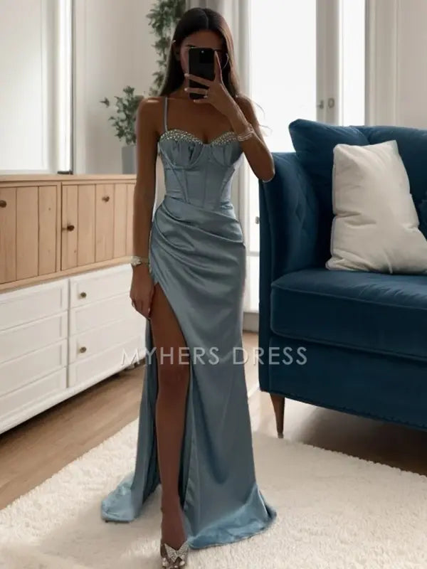 My Hers Ladies Formal Dress Sheath Spaghetti Straps Beadwork Pleated Side Fork Floor-Length Exquisite Prom Dress
