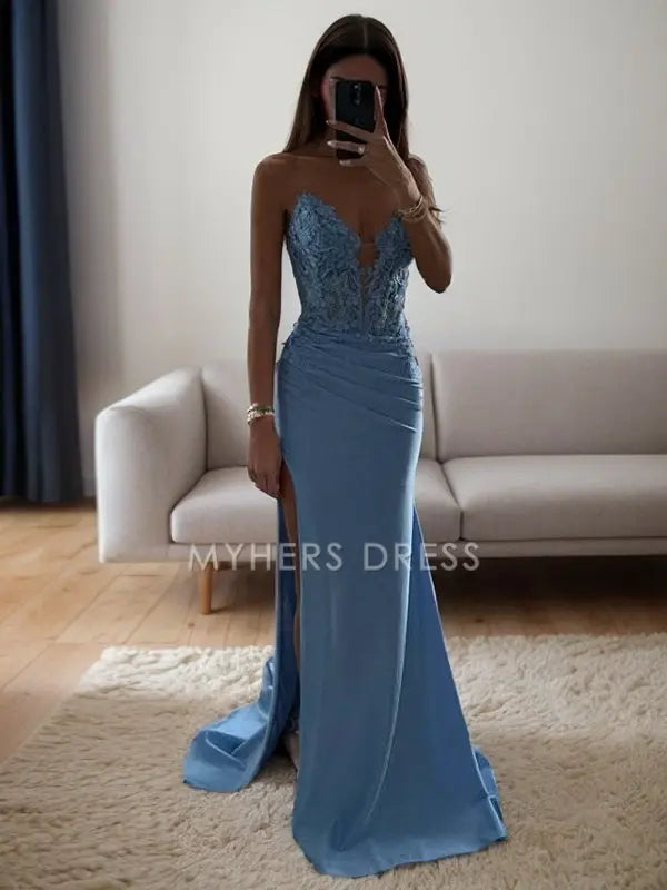 My Hers Ladies Formal Dress Sheath Sweetheart Appliques Lace Pleated Side Fork Sweep Train Exquisite Prom Dress