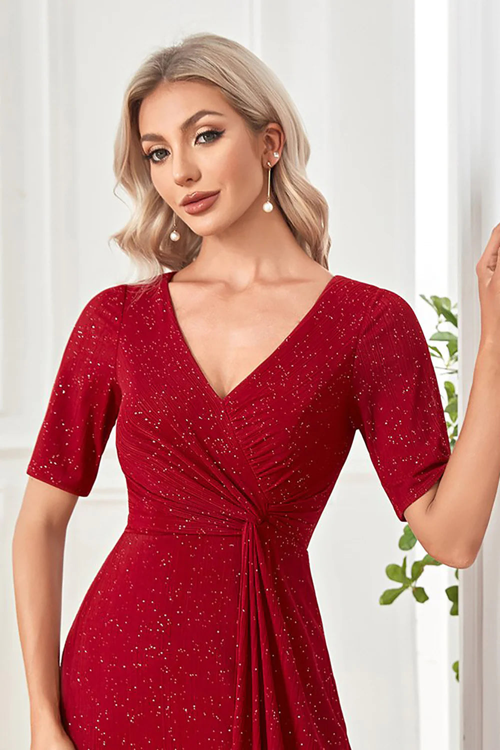 A Line Burgundy Sparkly Short Sleeves V-Neck Long Prom Dress
