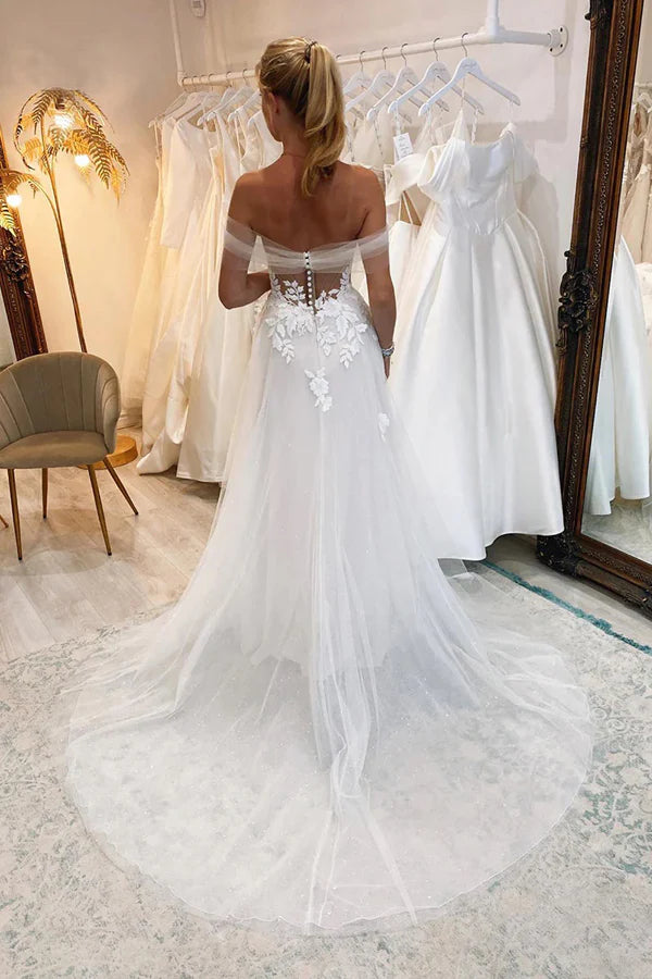 Off Shoulder Sweetheart Lace Appliques Modest Wedding Dress