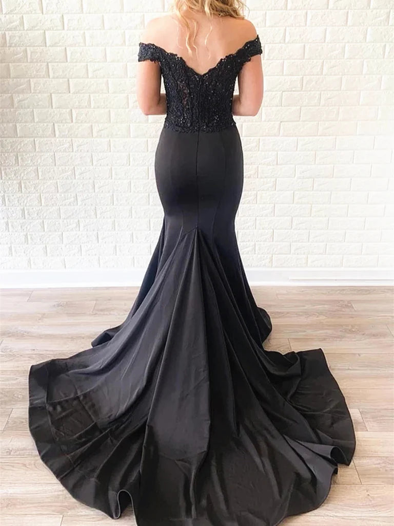 A Line Mermaid Off the Shoulder Black Lace Prom Dresses Formal Evening Bridesmaid Dresses