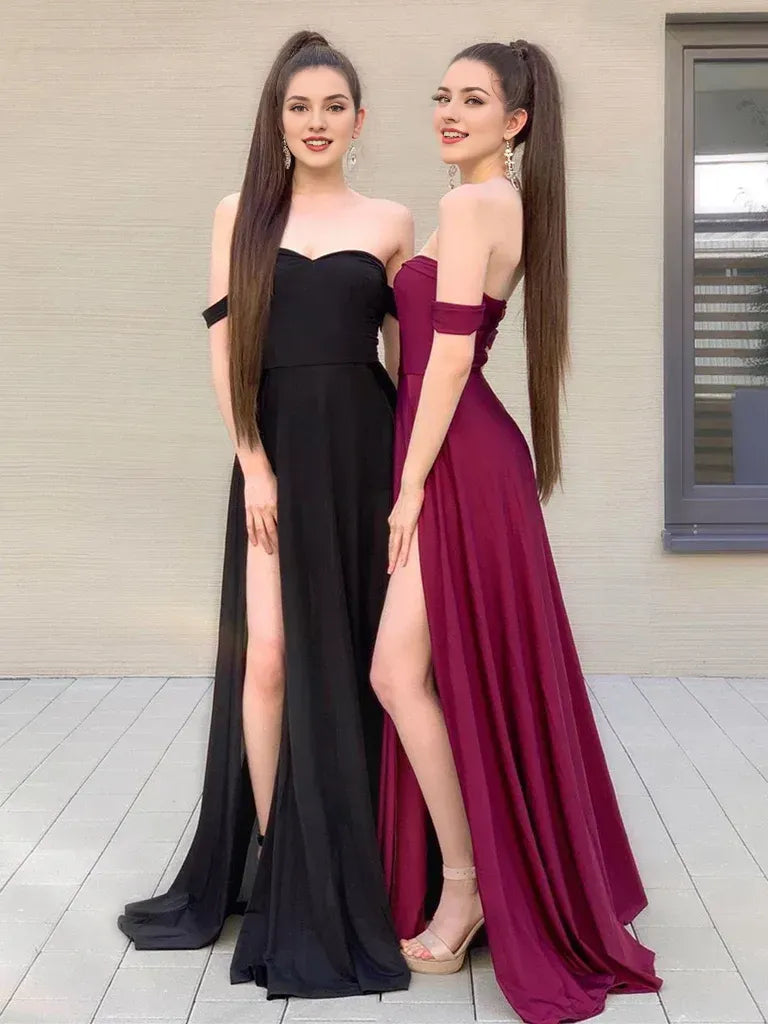 Long Chiffon Prom Dresses Off the Shoulder Bridesmaid Formal Dresses With Slit