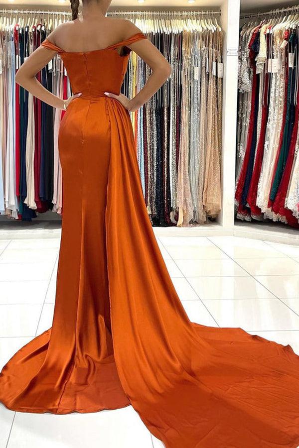 Sheath A Line Off the Shoulder Sweep/Brush Train Dresses Long Satin Prom Dress With Slit