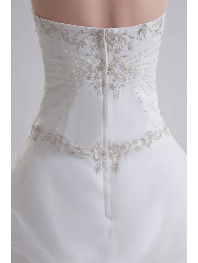 A-Line Wedding Dresses Strapless Court Train Organza Satin Strapless with Pick Up Skirt Ruched Beading