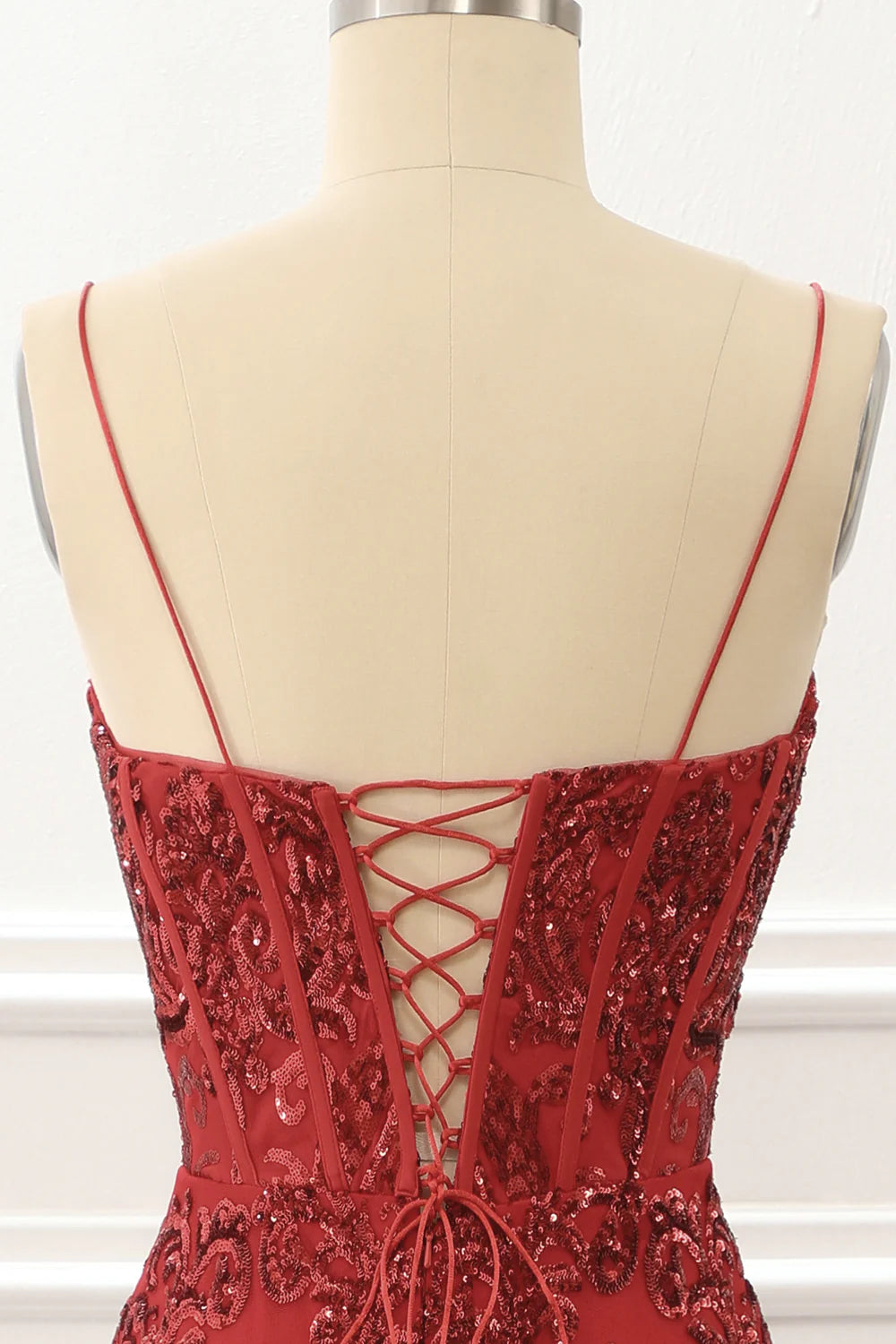 Red Plunge V Spaghetti Straps Sparkly Corset Lace-Up Back Prom Dress