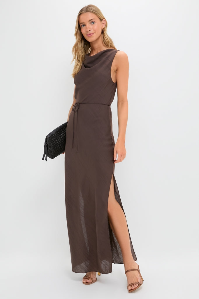 Relaxed Mocha Linen-Blend Maxi Dress with Cowl Neck and Self-Tie Waist, Evening Dresses