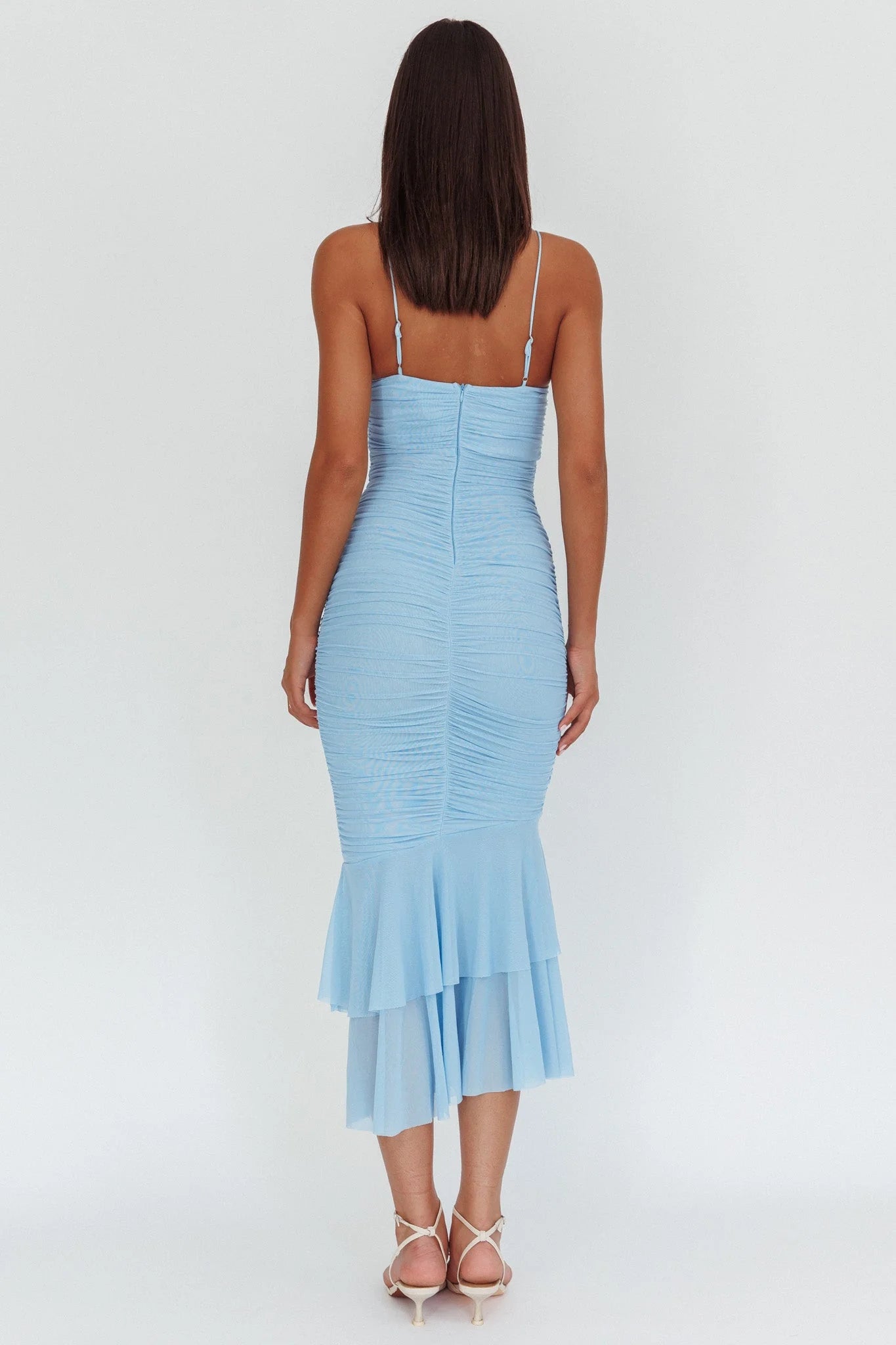 Romantic Fitted Sweetheart Neck Spaghetti Strap Ruched Ruffle Hem Midi Evening Dress
