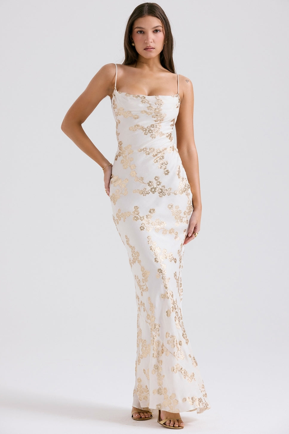 Romantic Ivory Maxi Dress with Gold Floral Embroidery and Cowl Neck, Evening Dresses