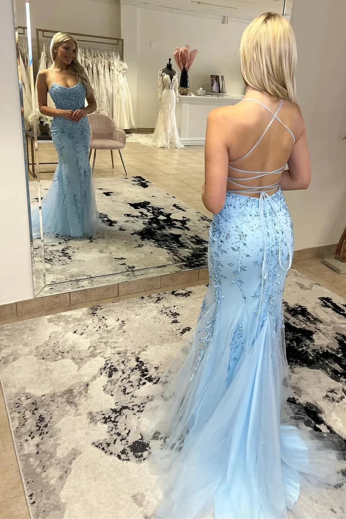 Sheath Mermaid Spaghetti Straps Sweep/Brush Train Dresses Backless Lace Long Prom Dresses With Appliques